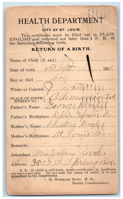 1909 Health Commissioner City Hall Return of A Birth St. Louis MO Postal Card