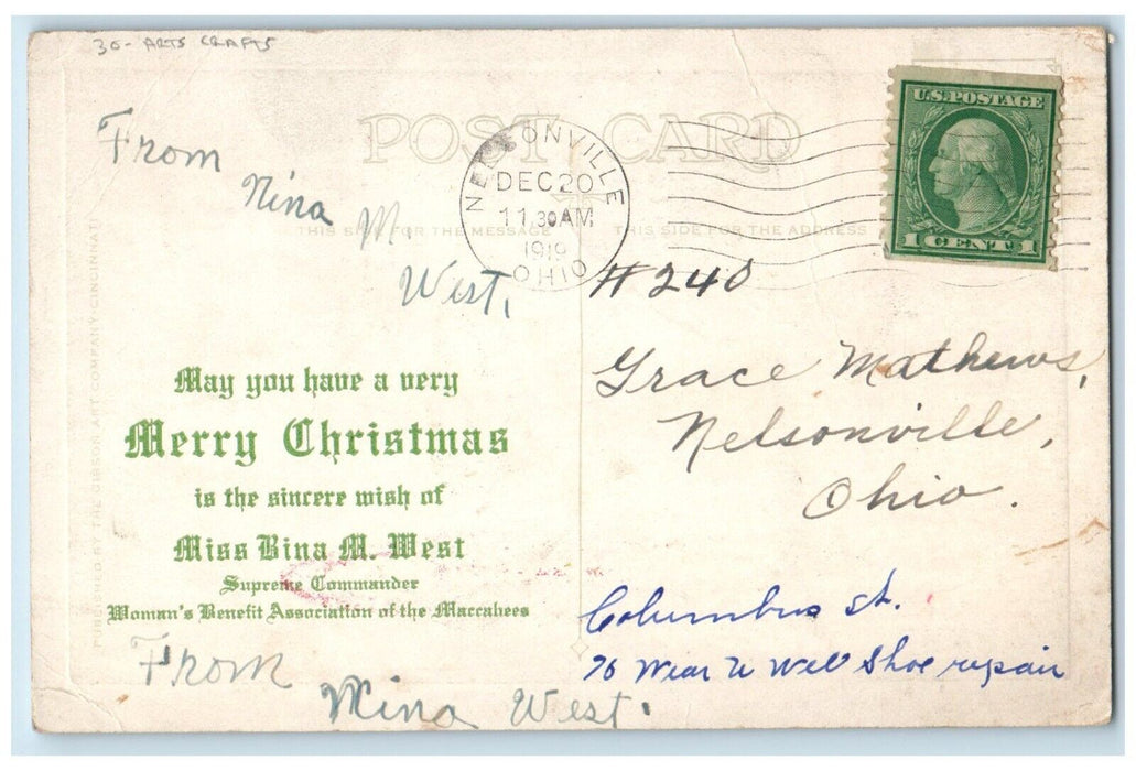 1919 Christmas Greetings Arts Crafts Nelsonville Ohio OH Posted Antique Postcard