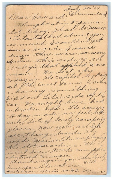 1934 Letter from Eunice About Iowa Lot Camp Richardson California CA Postal card