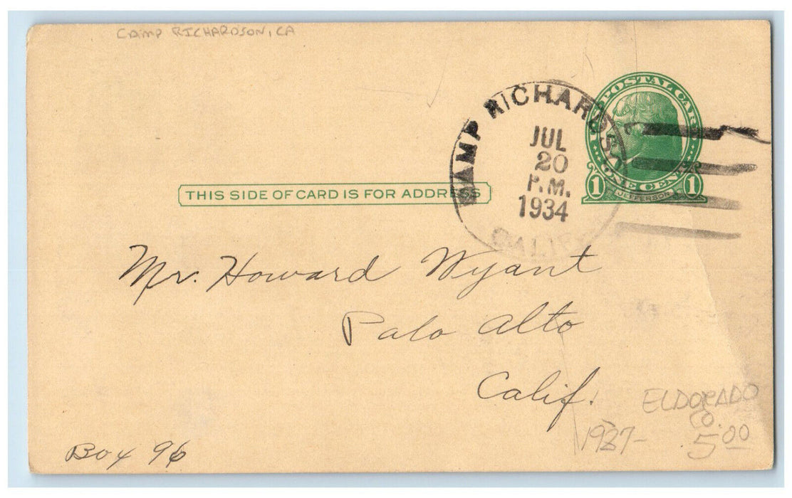 1934 Letter from Eunice About Iowa Lot Camp Richardson California CA Postal card