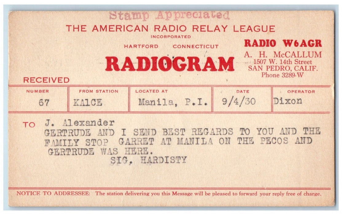 1930 American Radio Relay League No. 67 Manila Philippines Air Mail Postal Card