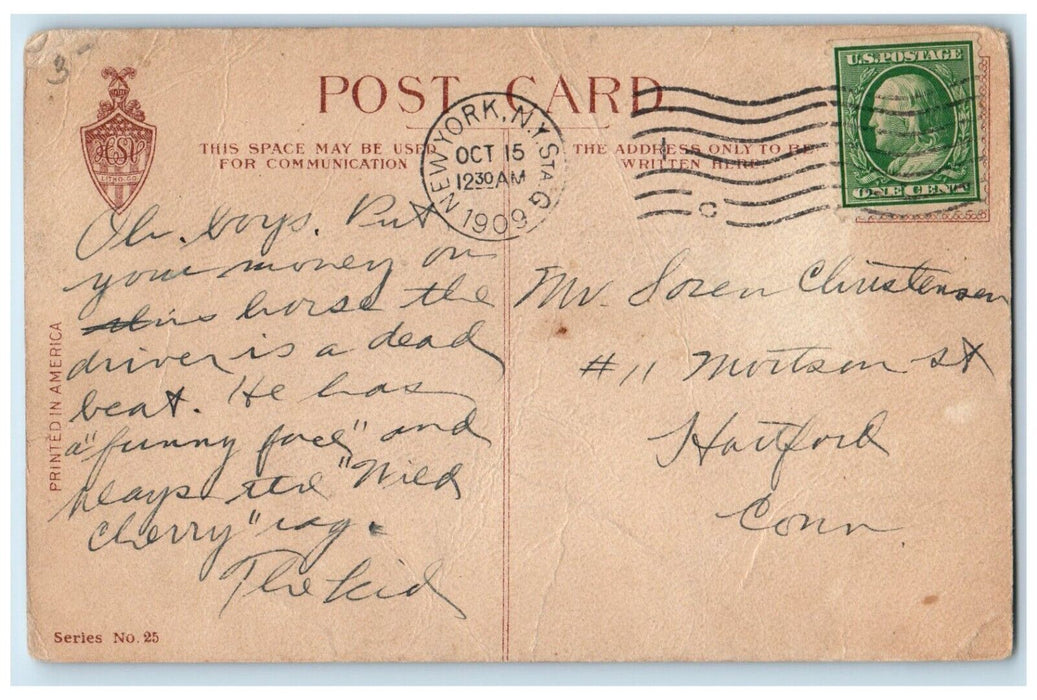 1909 Horse Racing Slipped Man Cigarette Smoke New York NY Antique Postcard