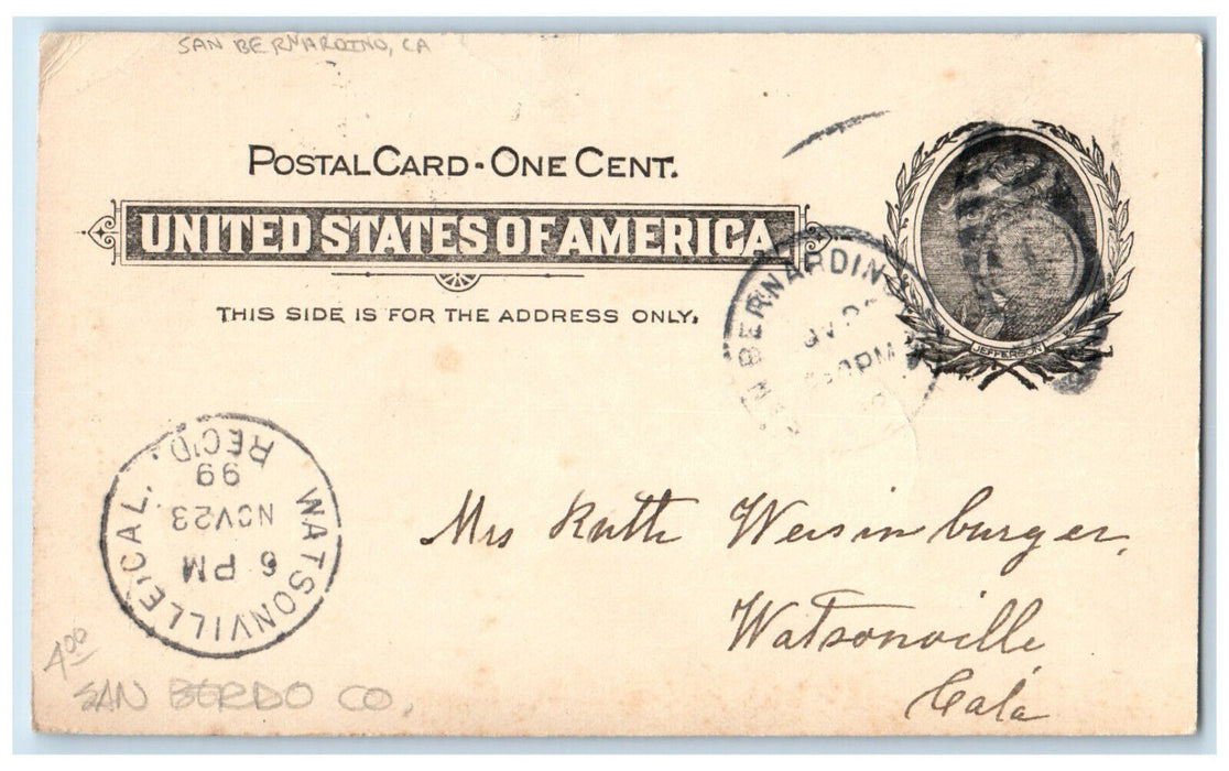 1899 Write Immediately San Bernardino Watsonville California CA PMC Postal Card
