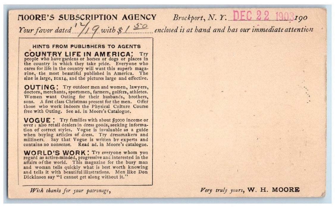 1903 Moore's Subscription Agency Brockport New York NY Antique Postal Card