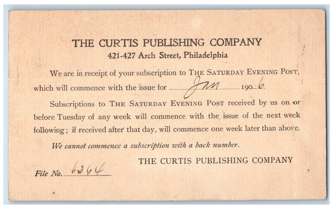 1906 The Curtis Publishing Company Arch Street Philadelphia PA Postal Card