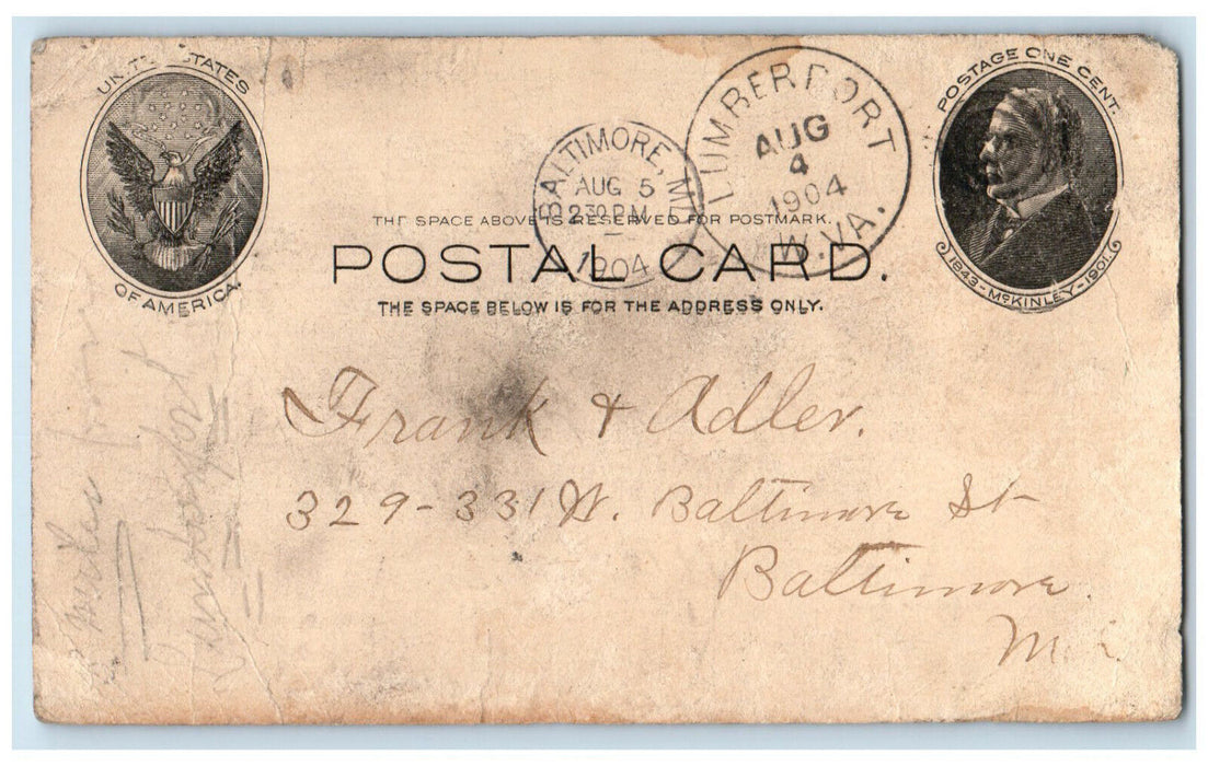 1904 Harbert Bros. Lumberport West Virginia WV Baltimore MD Postal Card