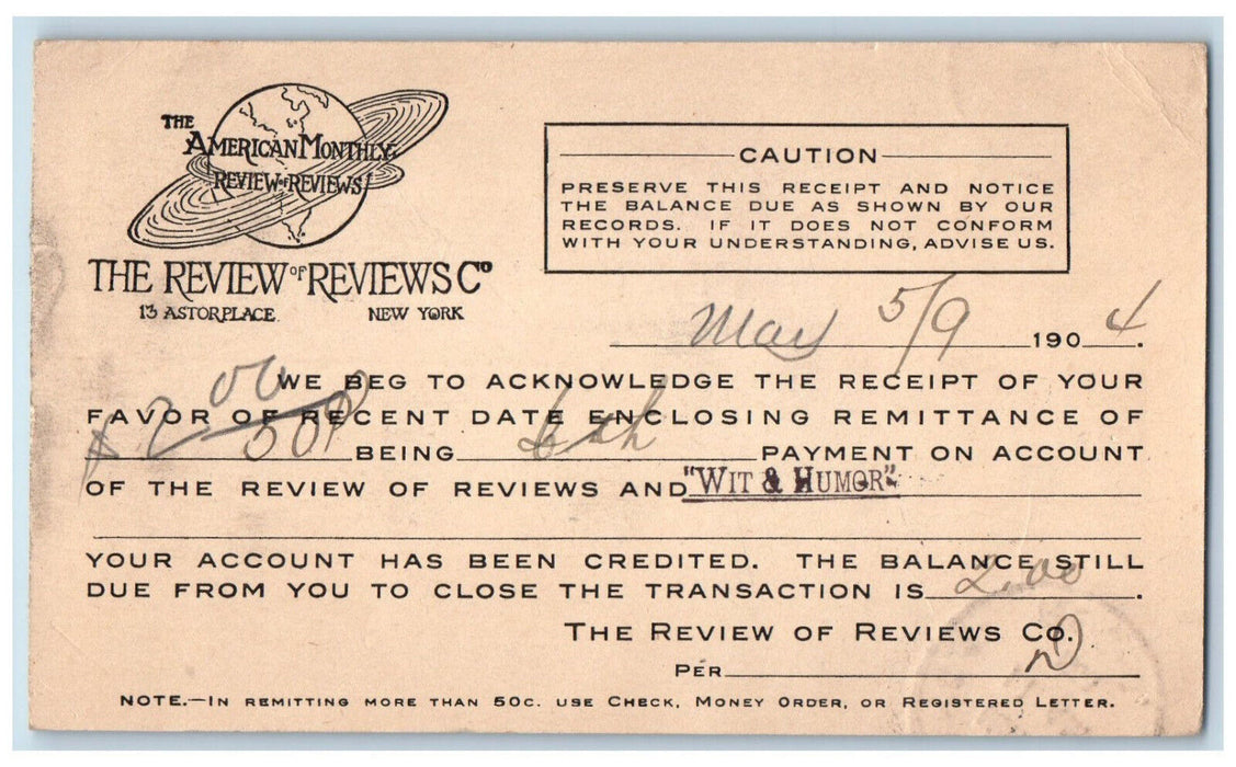1904 American Monthly Review of Reviews 6th Payment EH Yorke NY Postal Card