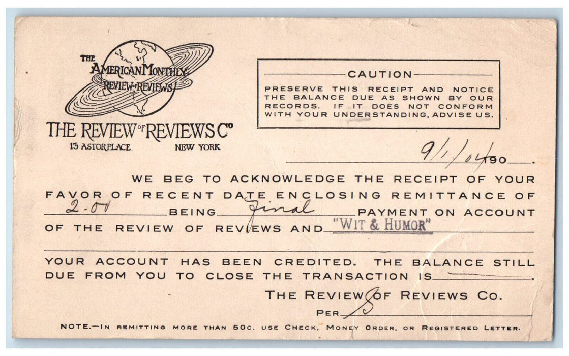 1904 American Monthly Review of Reviews Final Payment NY EH Yorke Postal Card