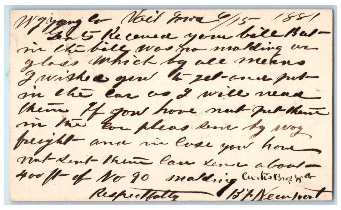 1881 B Newport WJ Young Co Lumber Curtis Bros. Vail Iowa IA Postal Card
