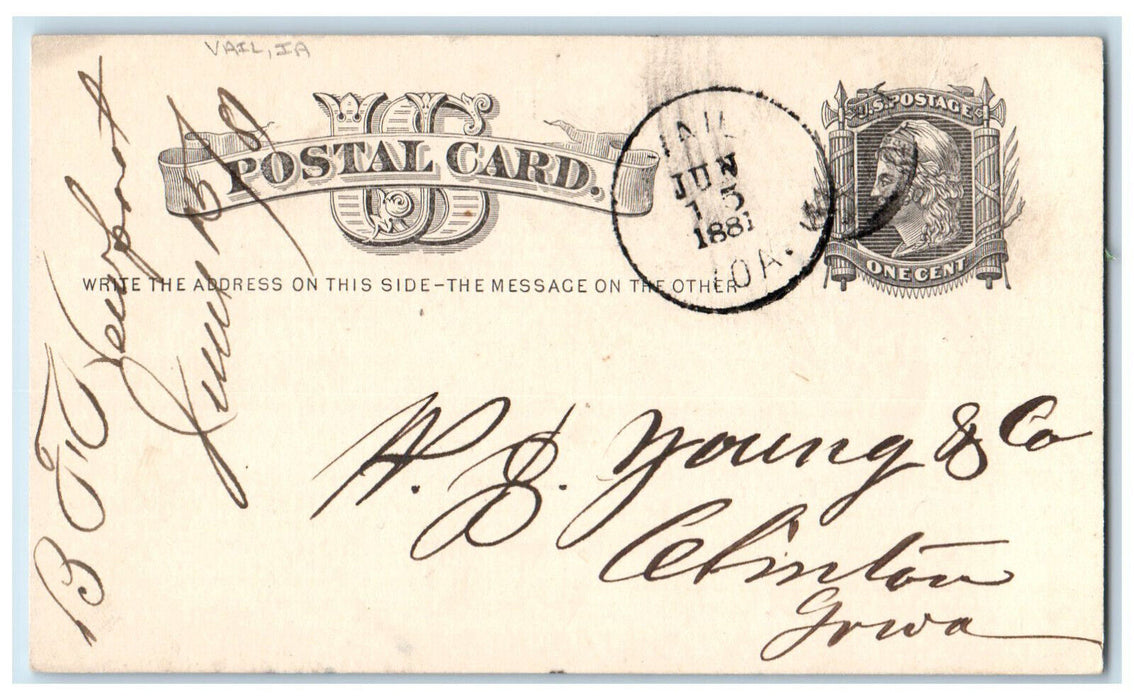 1881 B Newport WJ Young Co Lumber Curtis Bros. Vail Iowa IA Postal Card