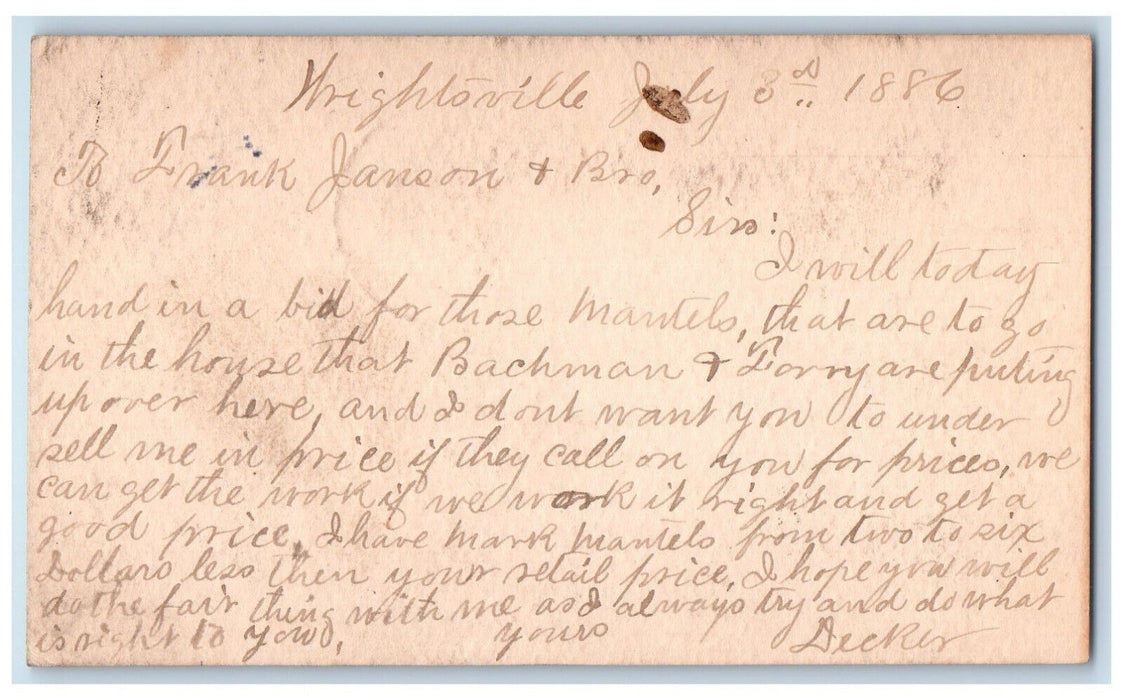1886 Frank Janson & Bro. Wrightsville Lancaster PA Blue Cancel Postal Card
