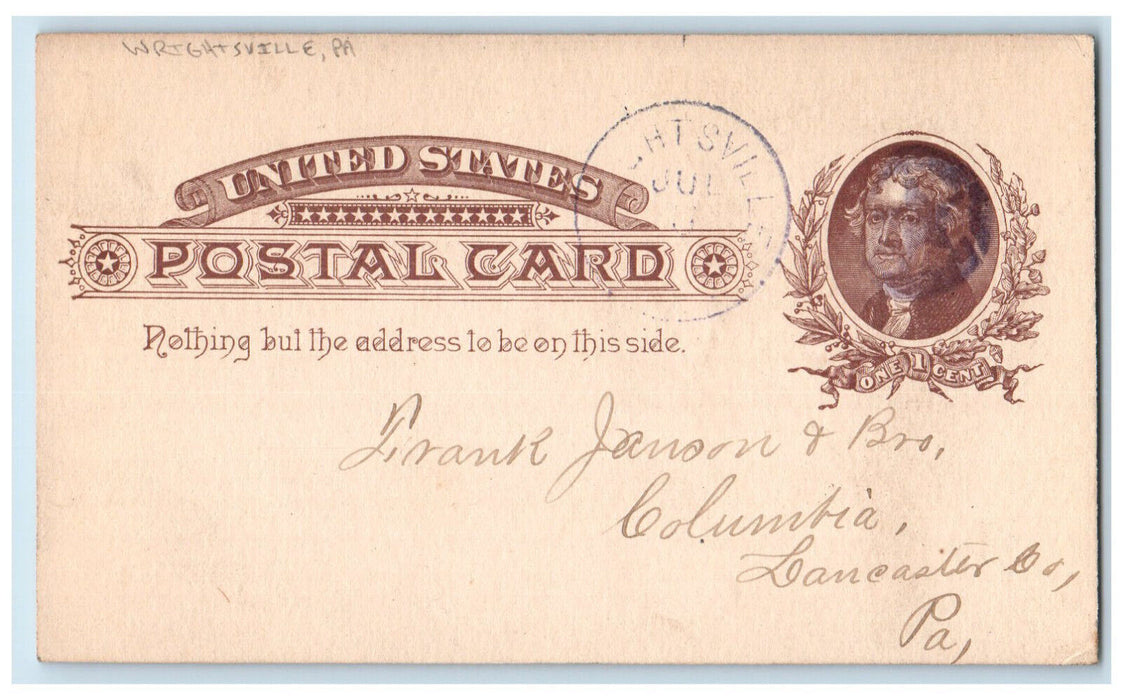 1886 Frank Janson & Bro. Wrightsville Lancaster PA Blue Cancel Postal Card