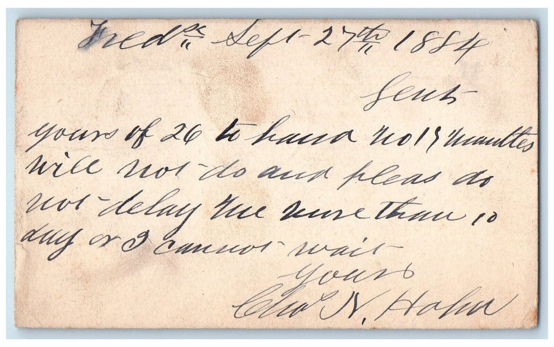 1884 Frank Jansen & Bro Columbia Pennsylvania PA Frederick MD Postal Card
