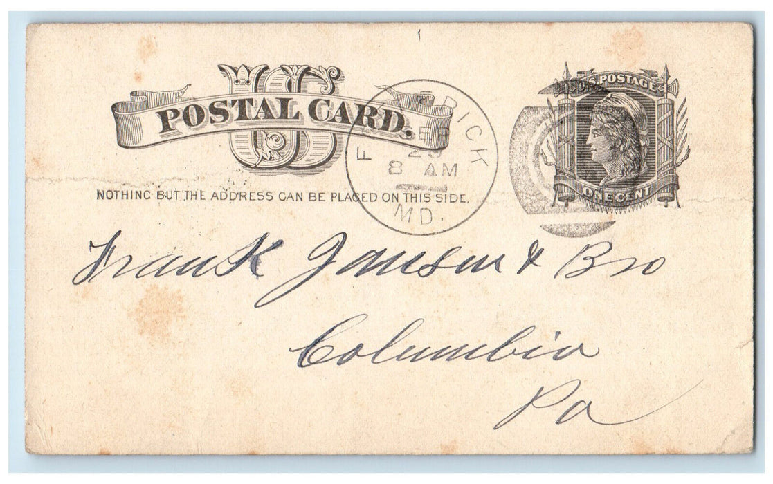 1884 Frank Jansen & Bro Columbia Pennsylvania PA Frederick MD Postal Card