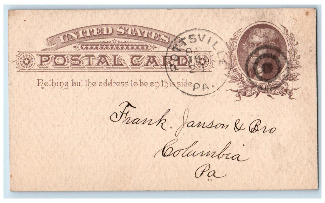1880 Frank Jansen & Bro William D Hill Architect Pottsville PA Postal Card