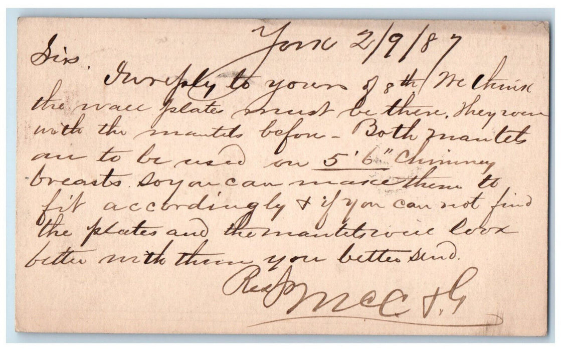 1887 Mantels Order Frank Jansen & Bro York PA Columbia PA Postal Card