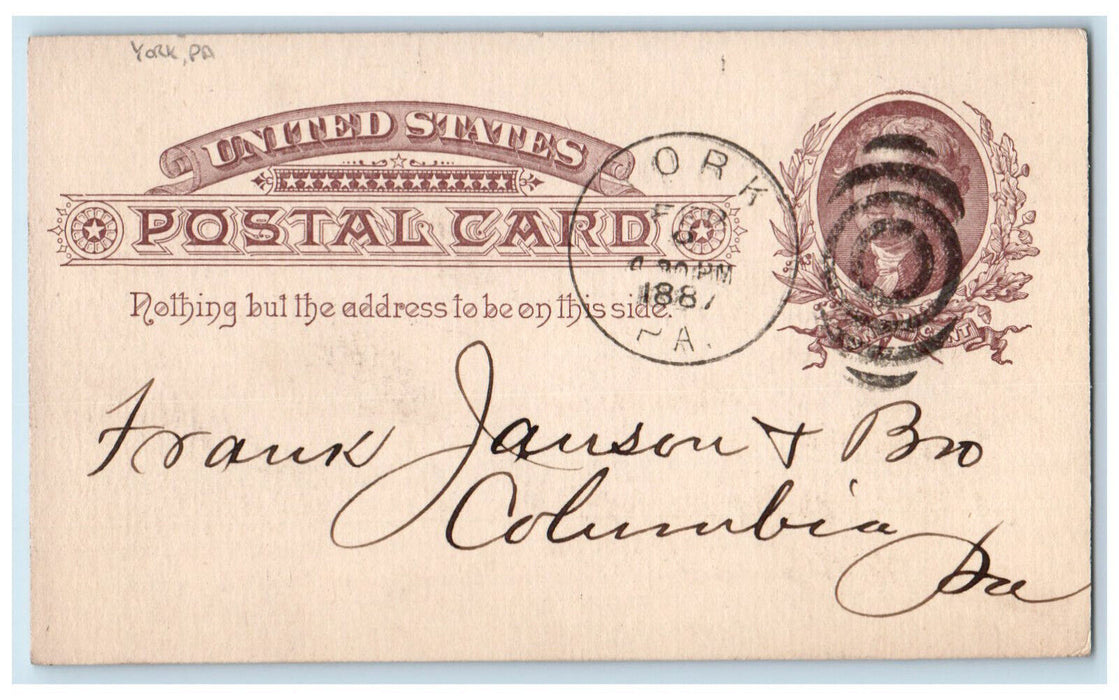 1887 Mantels Order Frank Jansen & Bro York PA Columbia PA Postal Card
