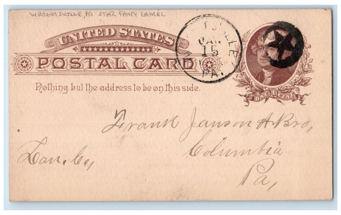 1886 Star Fancy Cancel Frank Janson & Bro Wrightsville PA Postal Card