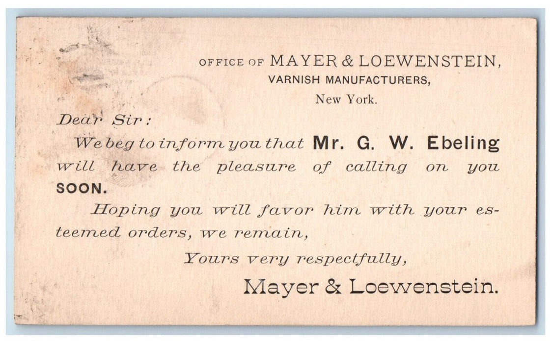 1885 Mayer & Loewenstein Varnish Manufacturers New York City NY Postal Card