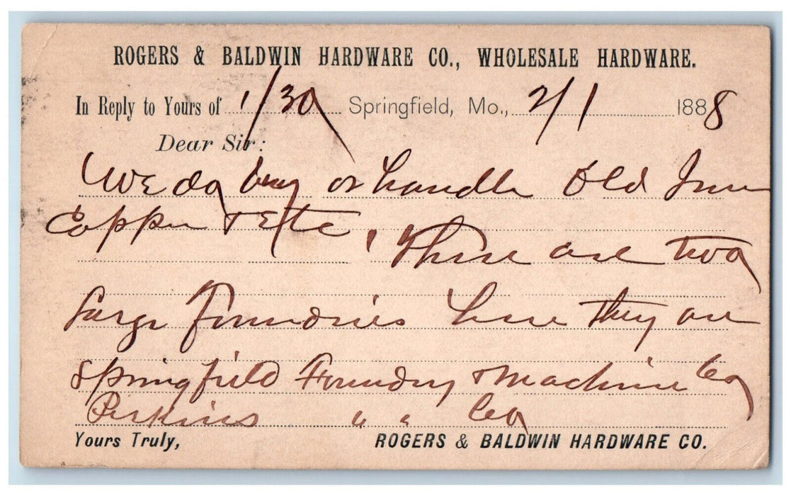 1888 Rogers & Baldwin Hardware Co. Wholesale Hardware Springfield MO Postal Card
