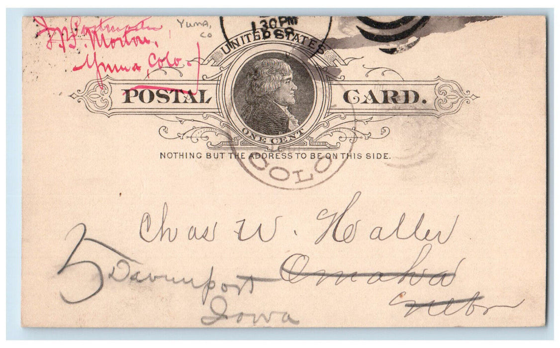 1888 Chas Haller Yuma Colorado Co. Davenport Iowa IA Antique Postal Card