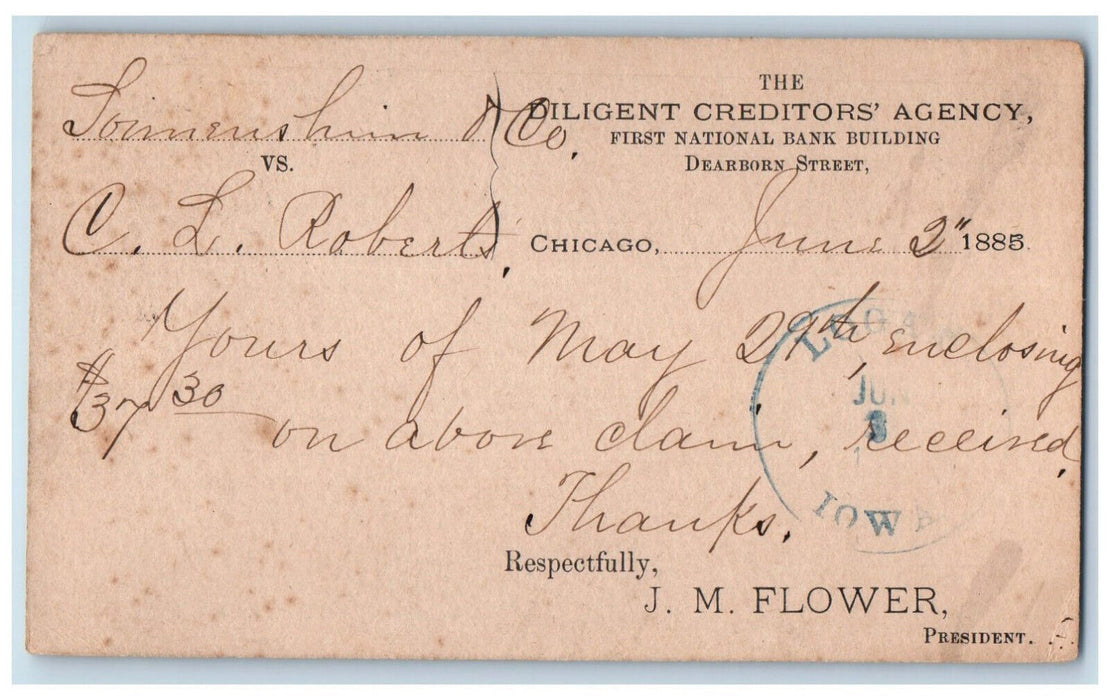 1885 Diligent Creditors Agency Dearborn Street Chicago Illinois IL Postal Card