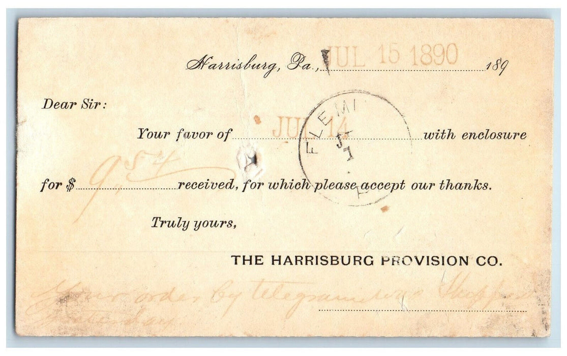 1890 The Harrisburg Provision Co. Harrisburg Pennsylvania PA Postal Card
