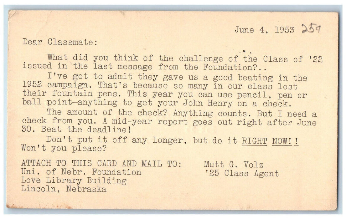 1953 Univ. of Nebraska Foundation Love Library Bldg Lincoln NE Postal Card