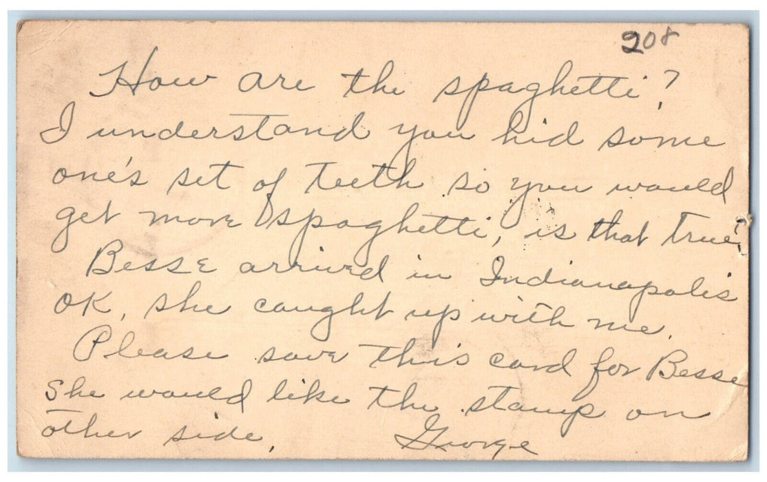 1952 Set of Teeth Spaghetti Letter Shaw WV Indianapolis IN Postal Card