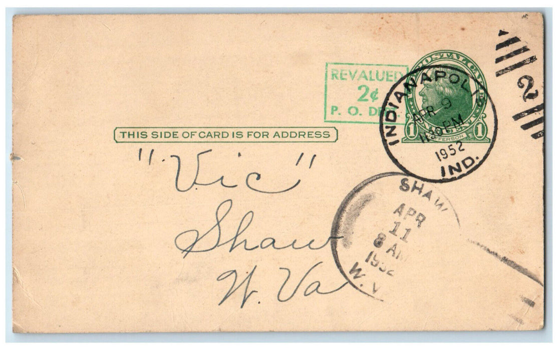 1952 Set of Teeth Spaghetti Letter Shaw WV Indianapolis IN Postal Card