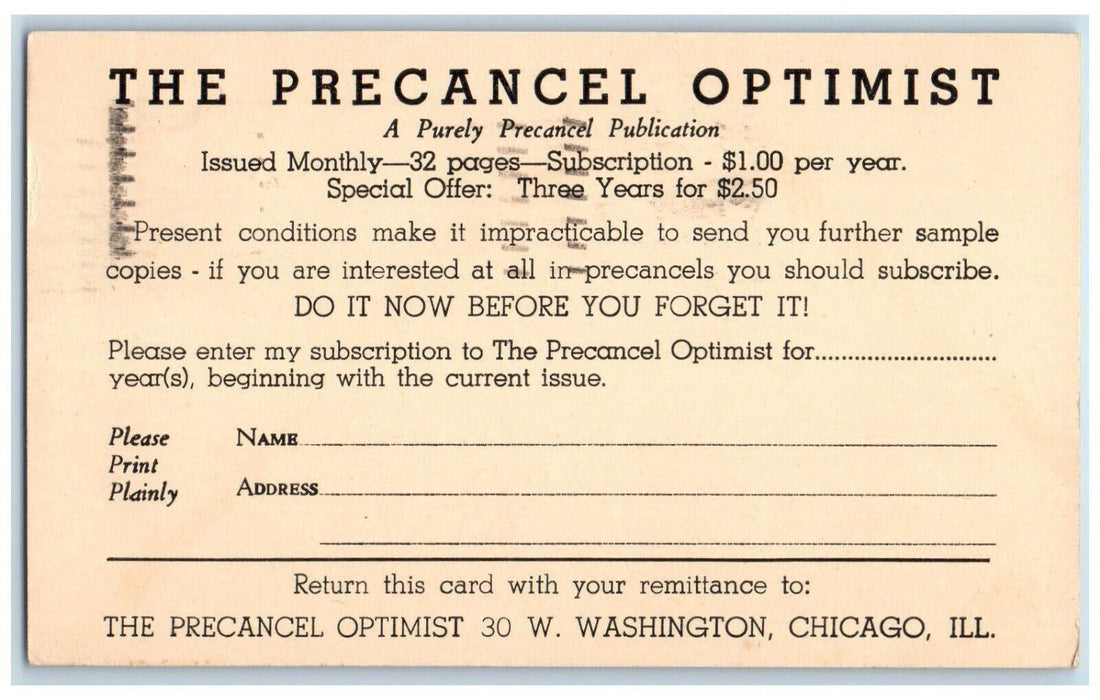 1942 The Precancel Optimist Precancel Publication Chicago IL Postal Card
