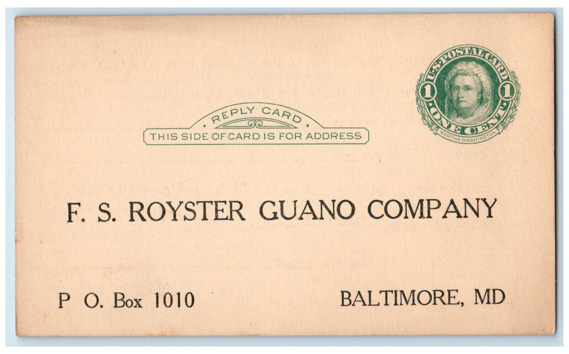 c1930's F.S. Royster Guano Company Baltimore Maryland MD Antique Postal Card