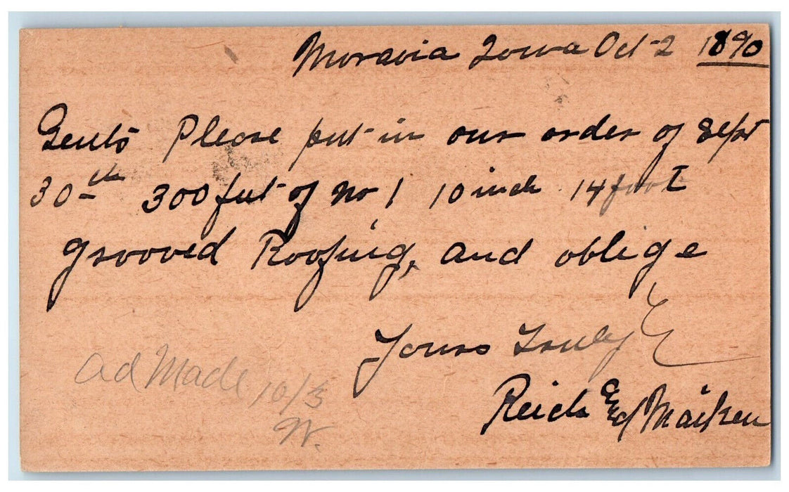 1890 Please Put In Order WJ Young & Co. Moravia Iowa IA Clinton IA Postal Card
