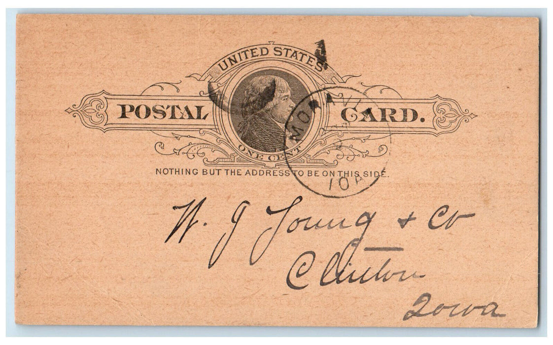 1890 Please Put In Order WJ Young & Co. Moravia Iowa IA Clinton IA Postal Card