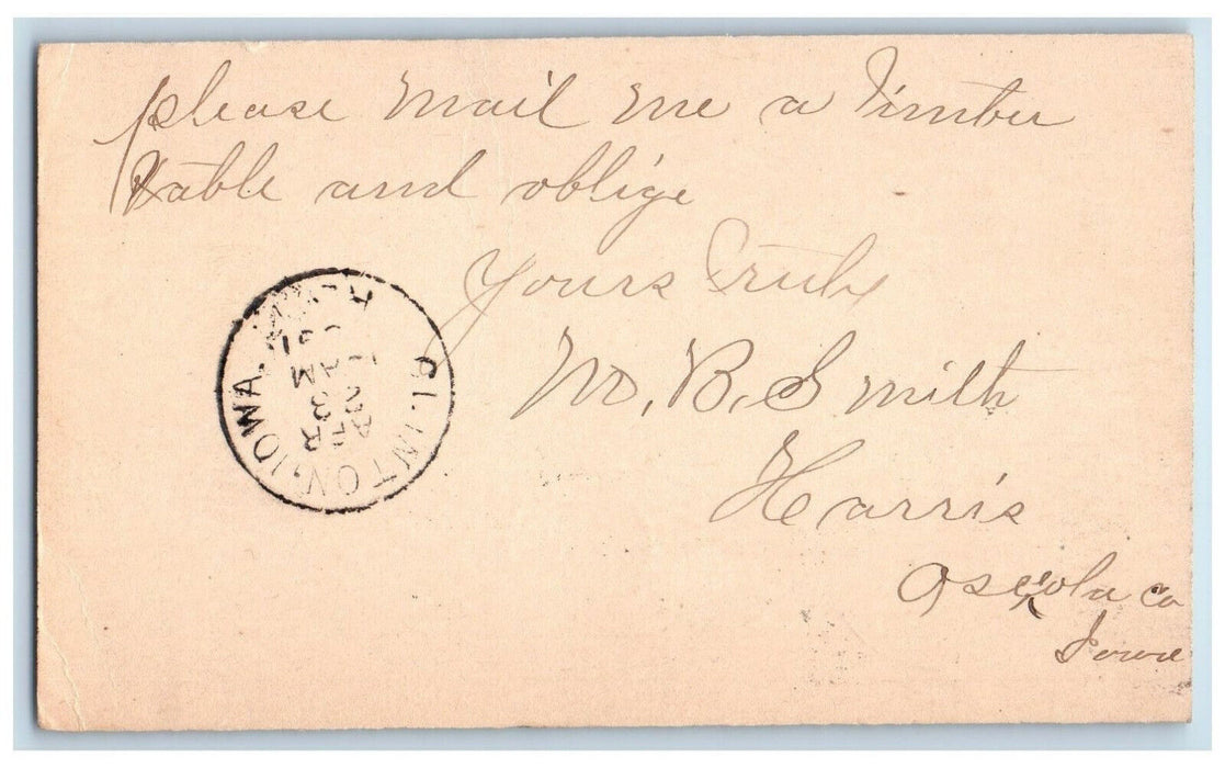 c1880's Letter from Harris WJ Young & Co. Osceola Co Iowa Clinton IA Postal Card