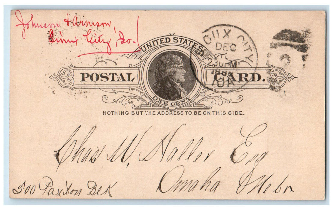 c1880's Meeting Letter Johnson and Arouson Sioux City Iowa Postal Card