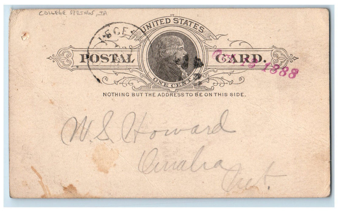 1888 JE Cobb WS Howard College Springs Iowa IA Antique Posted Postal Card