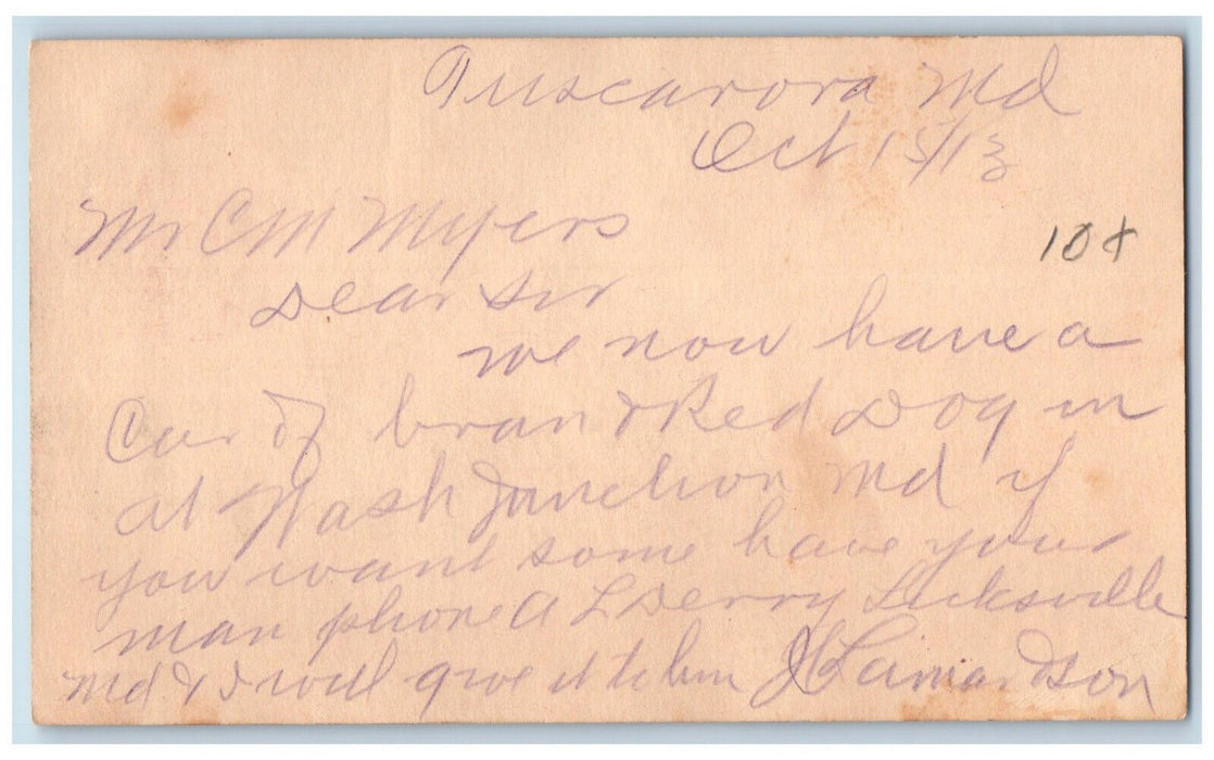 1918 Mr. CM Myers Taylorstown Tuscarora Maryland MD Antique Posted Postal Card