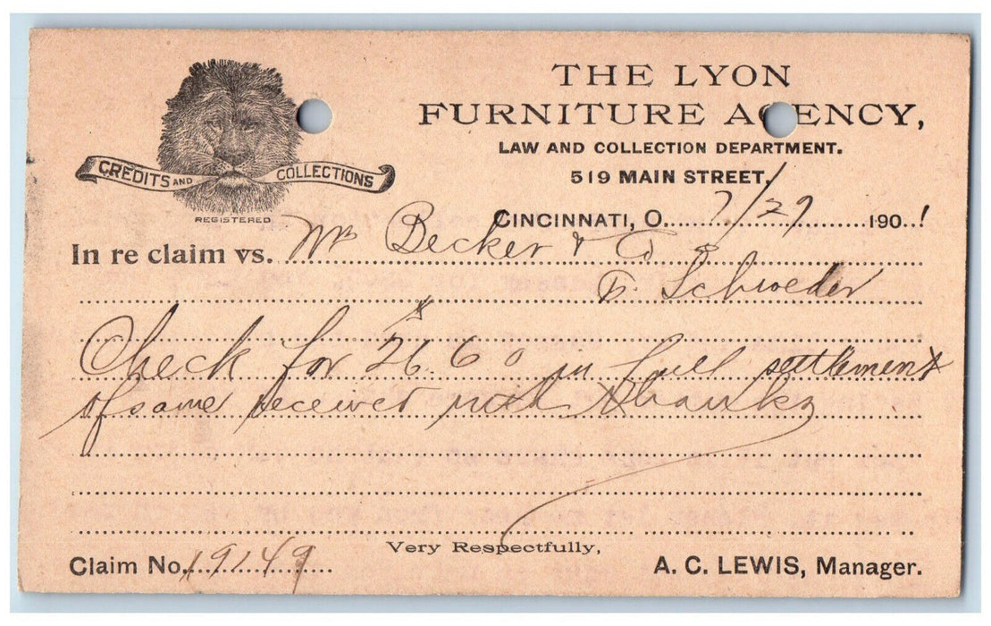 1901 The Lyon Furniture Agency Law & Collection Dept. Cincinnati OH Postal Card