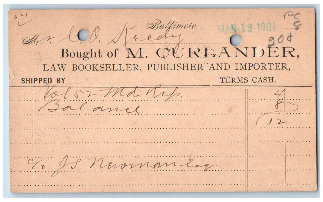 1901 Bought of M. Curlander Law Bookseller Baltimore Frederick MD Postal Card