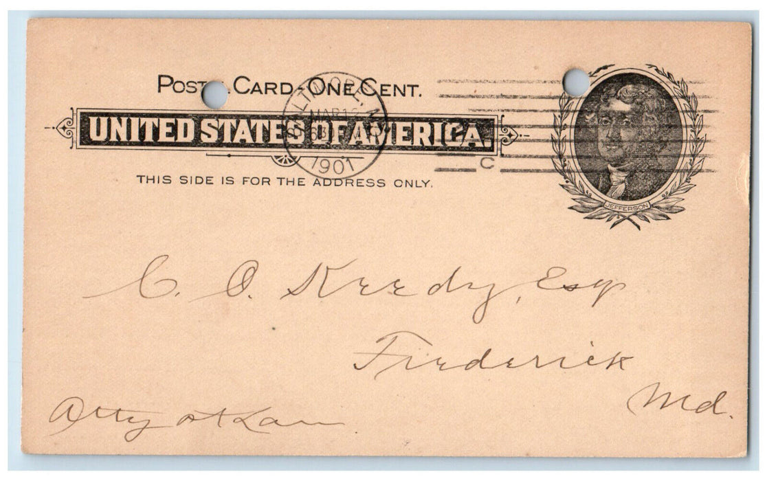 1901 Bought of M. Curlander Law Bookseller Baltimore Frederick MD Postal Card
