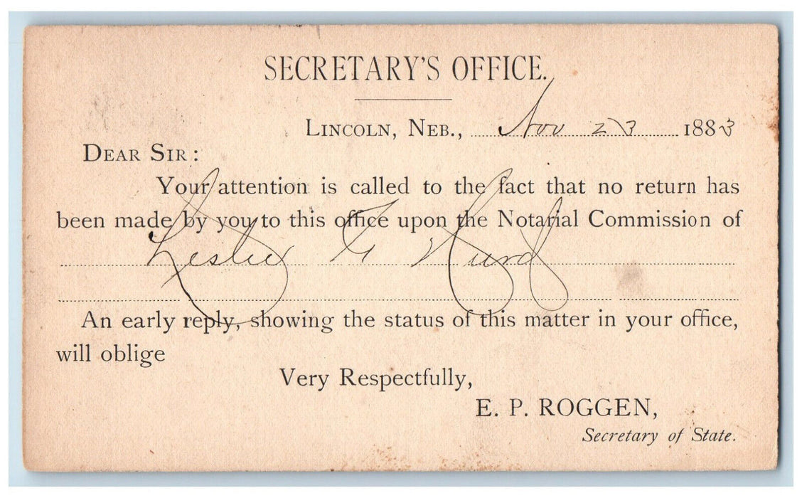 1883 Secretary's Office EP Roggen Secretary of State Lincoln NE Postal Card