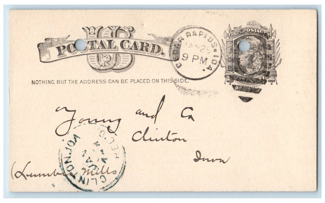 1885 Lumber Cedar Rapids Iowa IA Clinton IA Blue Cancel Antique Postal Card