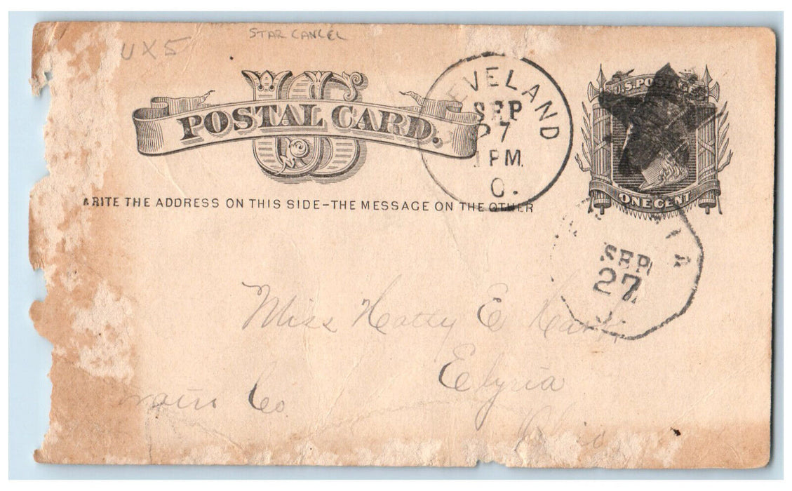 1881 Letter to Miss Neatty Cleveland Ohio Elyria OH Star Cancel Postal Card