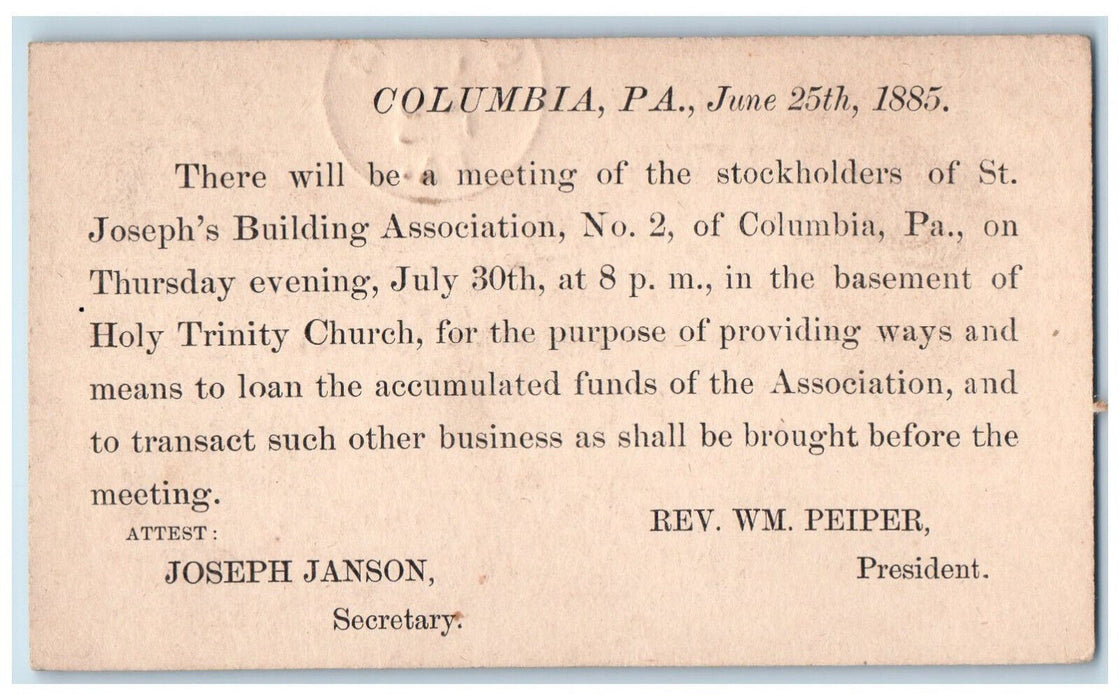 1885 St. Joseph's Building Stockholders Meeting Columbia PA Embossed Postal Card