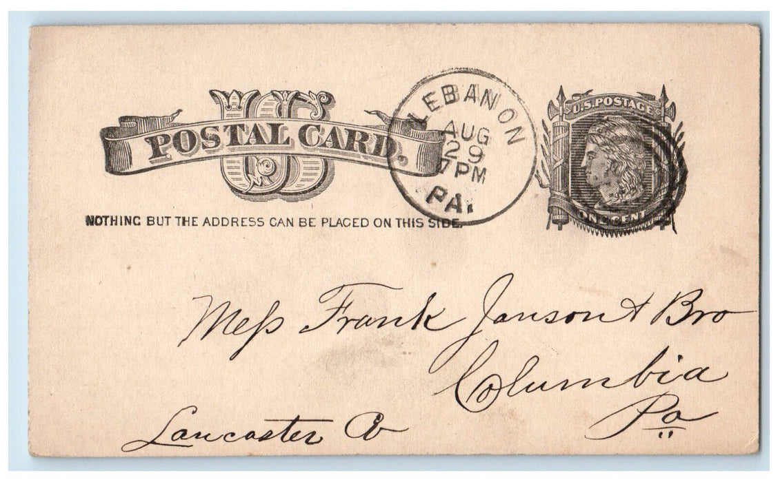 1885 Shelve Same Kind as Mantel Message Frank Janson Lebanon PA Postal Card