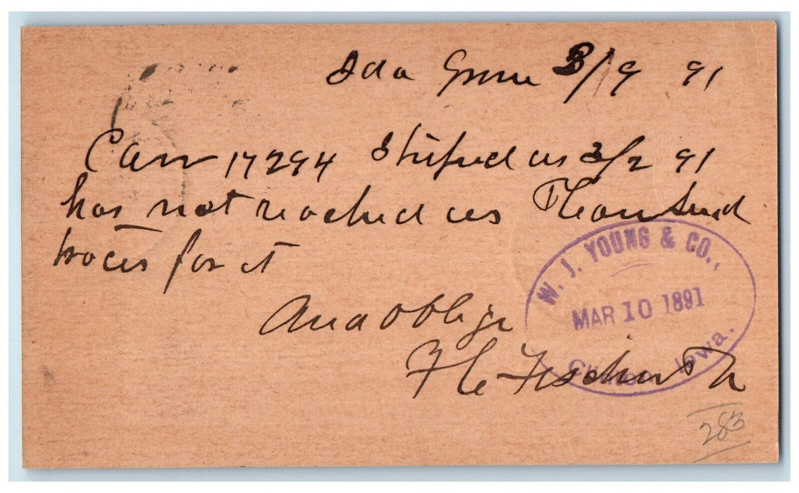 1891 Lumber Order Shipped WJ Young & Co. Ida Grove Clinton Iowa IA Postal Card