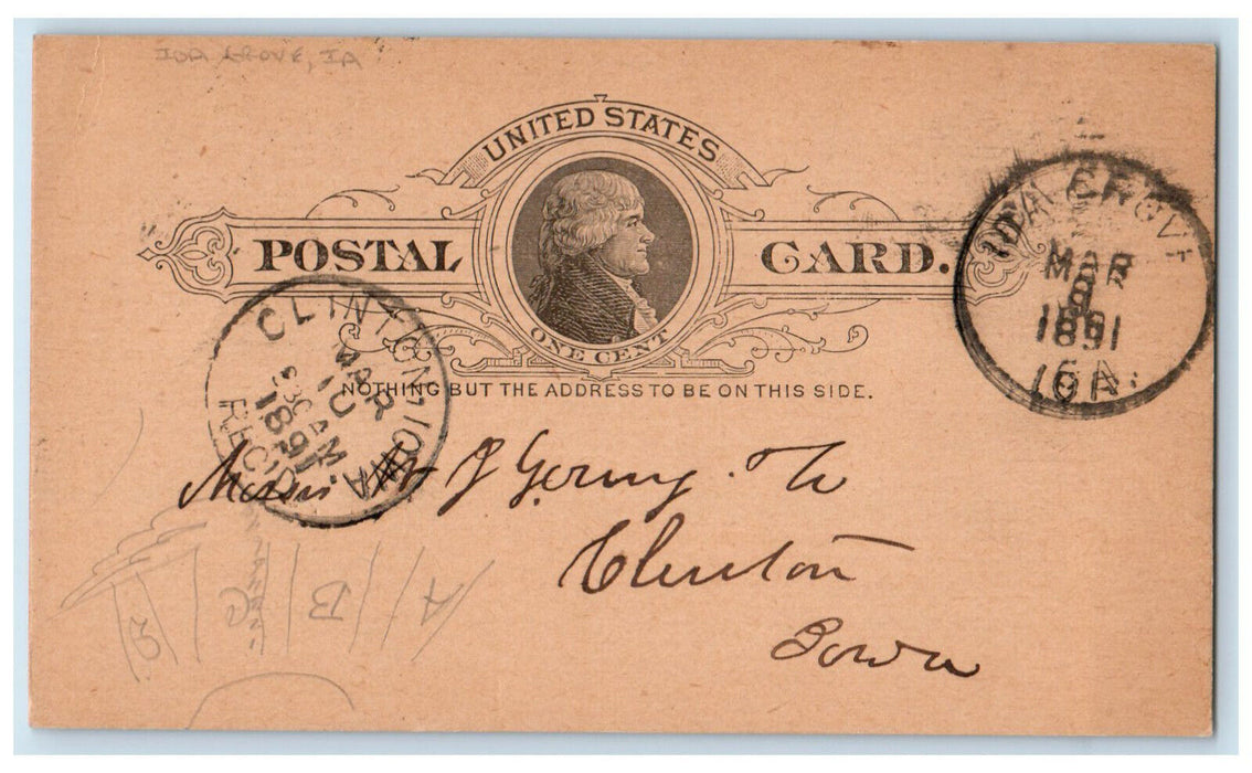 1891 Lumber Order Shipped WJ Young & Co. Ida Grove Clinton Iowa IA Postal Card