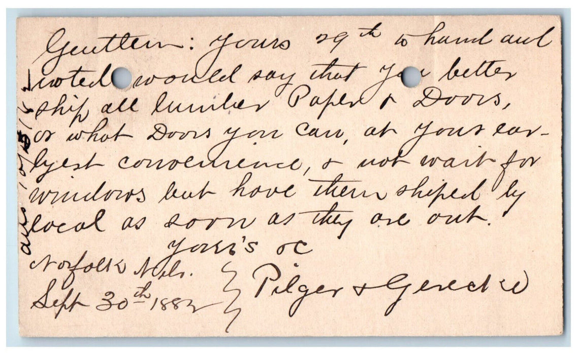 1882 WJ Young & Co. Norfolk Nebraska NE Clinton Iowa IA Antique Postal Card