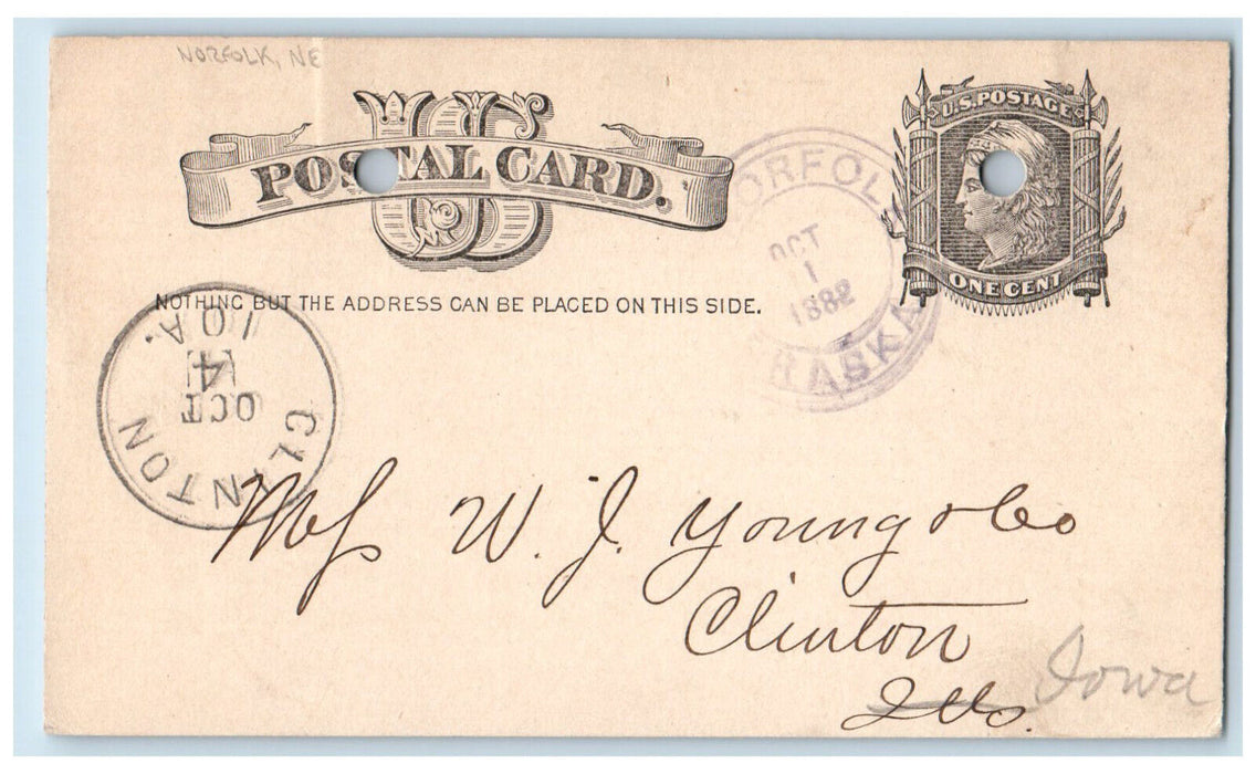 1882 WJ Young & Co. Norfolk Nebraska NE Clinton Iowa IA Antique Postal Card